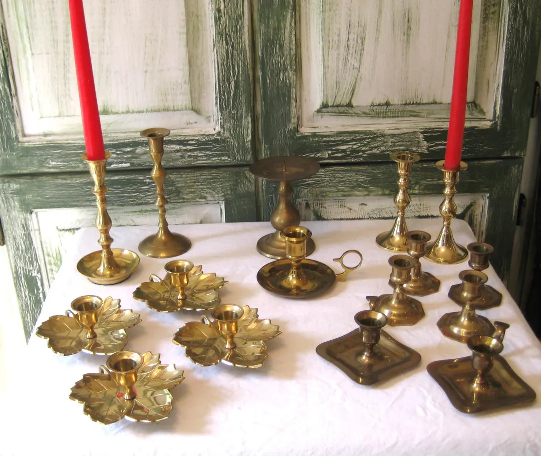 Vintage solid brass candlesticks, SELLING SEPERATE, gold metal pairs single, sets of 4 square rou... | Etsy (US)