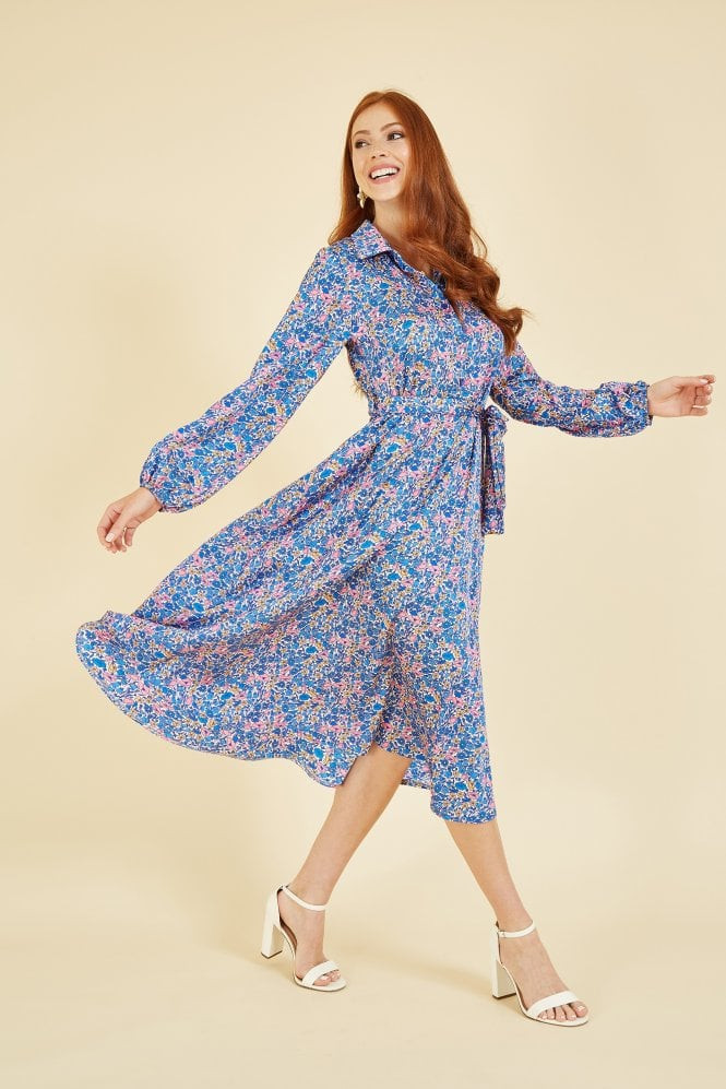 Yumi Blue Ditsy Print Long Sleeve Midi Shirt Dress | Yumi