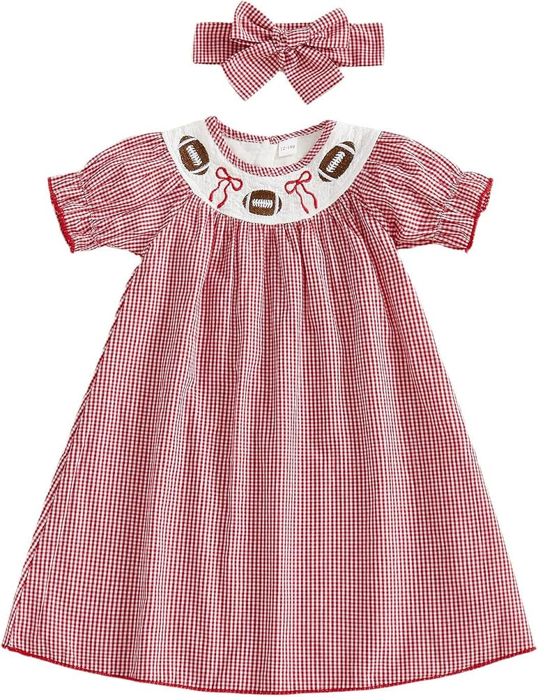 Sister Matching Outfits Baby Girl Football Embroidery Short Sleeve Bubble Romper Smocked Dress Cute Clothes | Amazon (US)