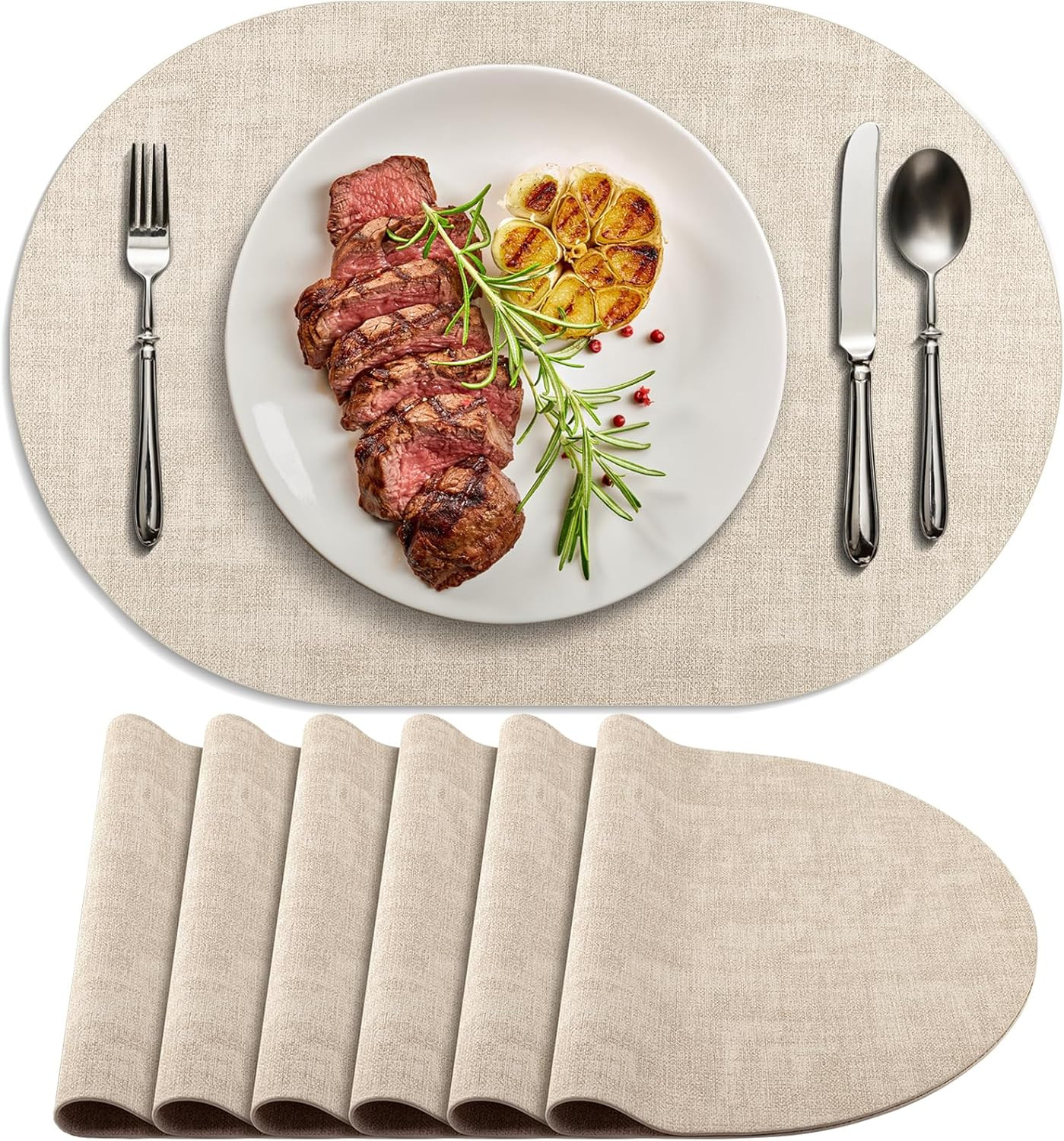 Placemats for Dining Table Set of 6 Non-Slip, Heat Resistant Oval Leather Placemat Double Layer, Waterproof Table Mats Easy to Clean for Kitchen Dining Room Coffee Office Table, Beige | Amazon (US)