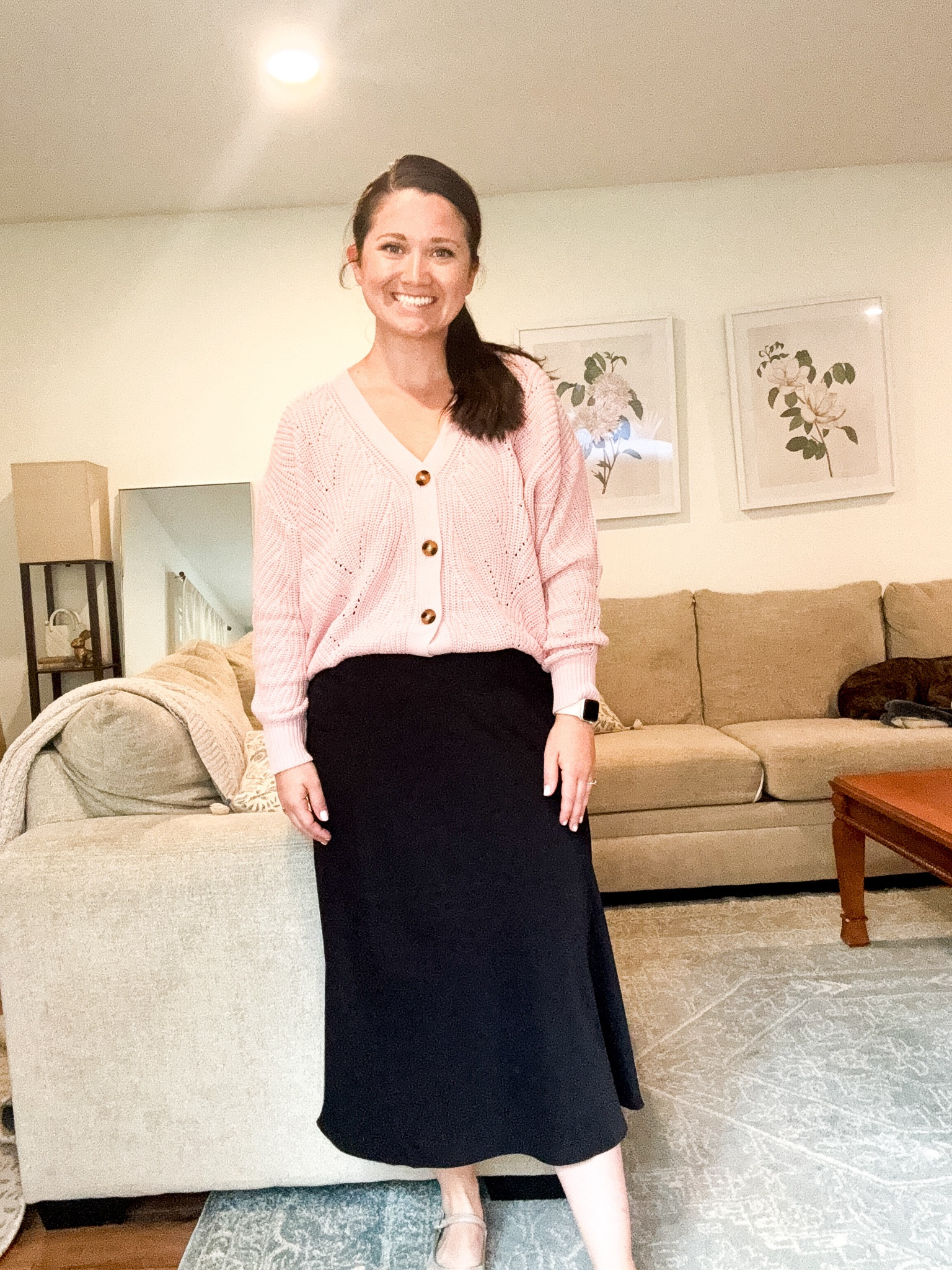 Pink cardigan. Black slip skirt. Affordable fall outfit 