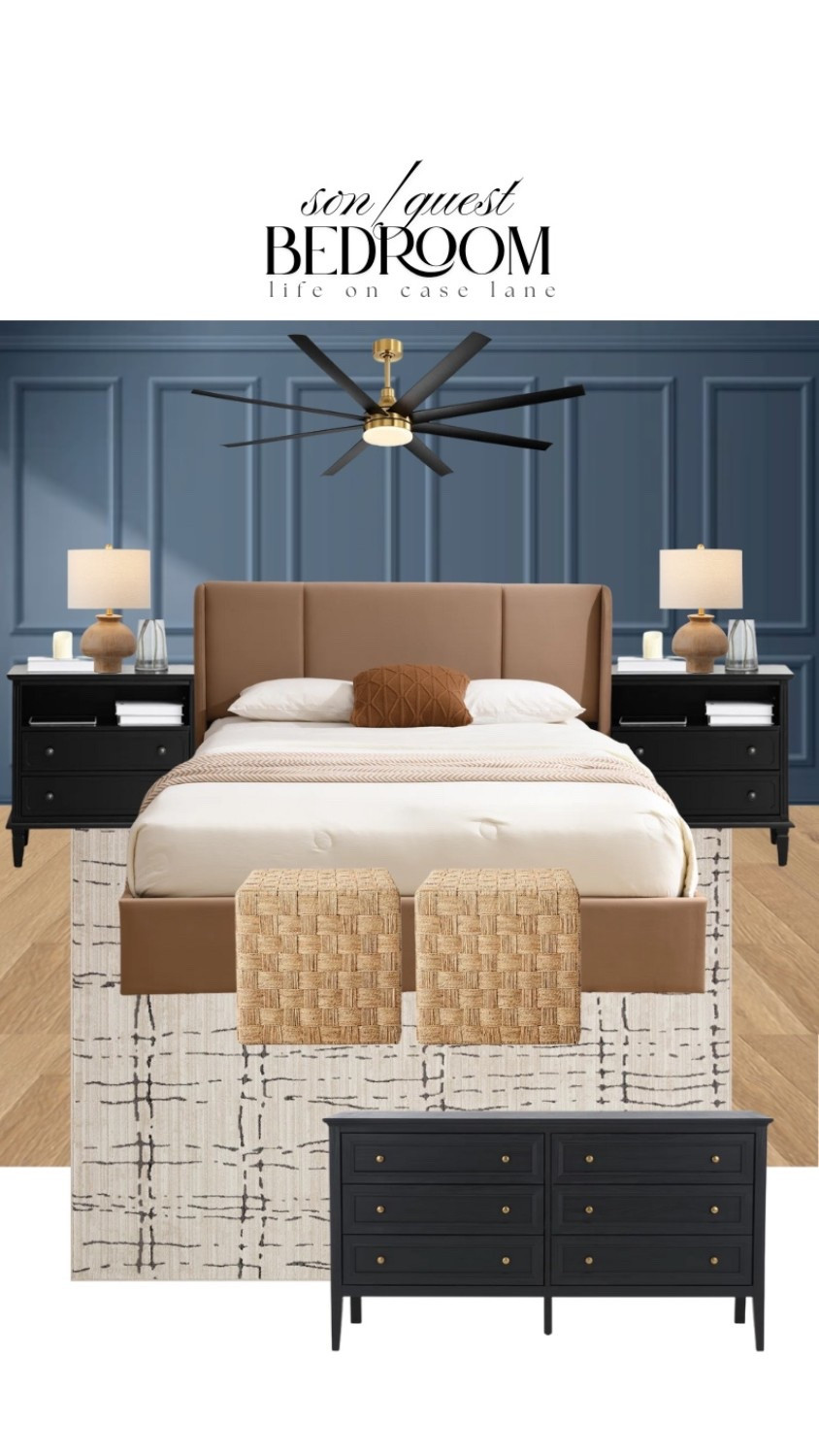 Bedroom moodboard - guest bedroom, master bedroom, son bedroom, bedroom rug, queen beds upholstered bed, fan, table lamp, nightstand, dresser, fan, ceiling fan, affordable furniture 

#LTKSaleAlert #LTKHome