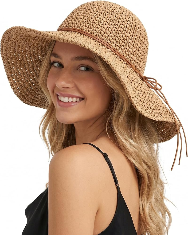 Beach Sun Straw Hats for Women, Floppy Wide Brim Summer Straw Hats, Foldable Packable Roll up Cap | Amazon (US)