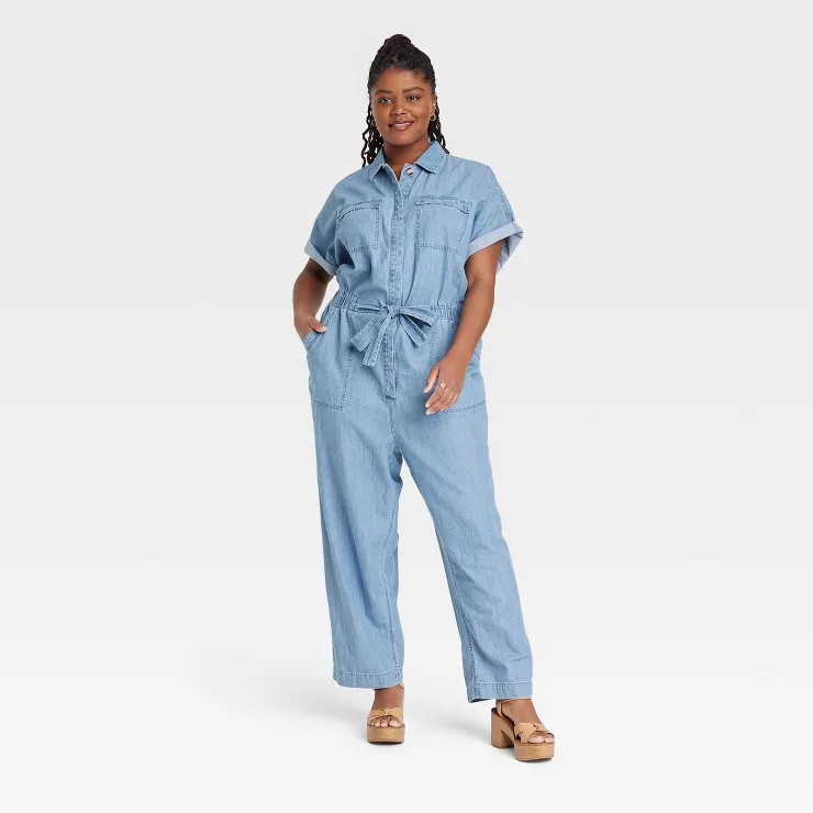 Women's Button-Front Short Sleeve Boilersuit - Universal Thread™ Indigo | Target