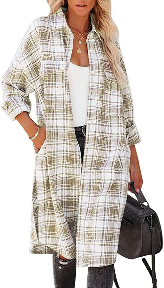 Dokotoo Womens 2022 Fall Clothes Button Down Plaid Long Cardigans Shacket Jacket Long Sleeve Shirts  | Amazon (US)