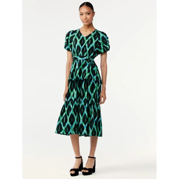 Scoop Women's Midi Dress with Ruched Sleeves - Walmart.com | Walmart (US)