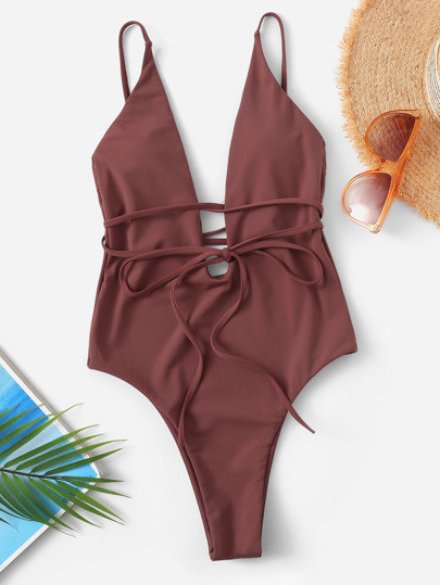 Plunging Belted Low Back One Piece Swimsuit | SHEIN