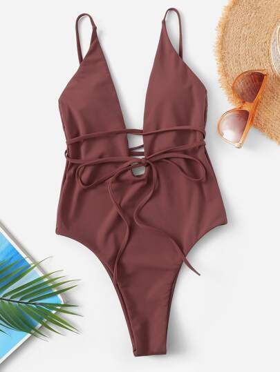 Plunging Belted Low Back One Piece Swimsuit | SHEIN
