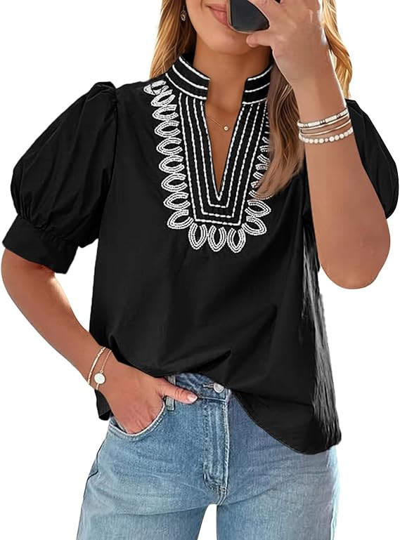 Cicy Bell Womens Puff Short Sleeve Blouses Summer Casual Dressy Embroidered V Neck Tops Loose Fit... | Amazon (US)