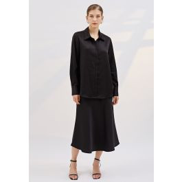 Satin Finish Bias Cut Midi Skirt in Black | Chicwish