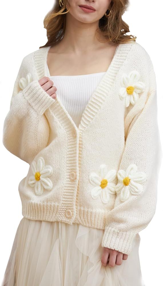 Y2k Sweater Cardigan for Women, Long Sleeve V-Neck Button Crochet Flower Knit Womens Clothes. | Amazon (US)