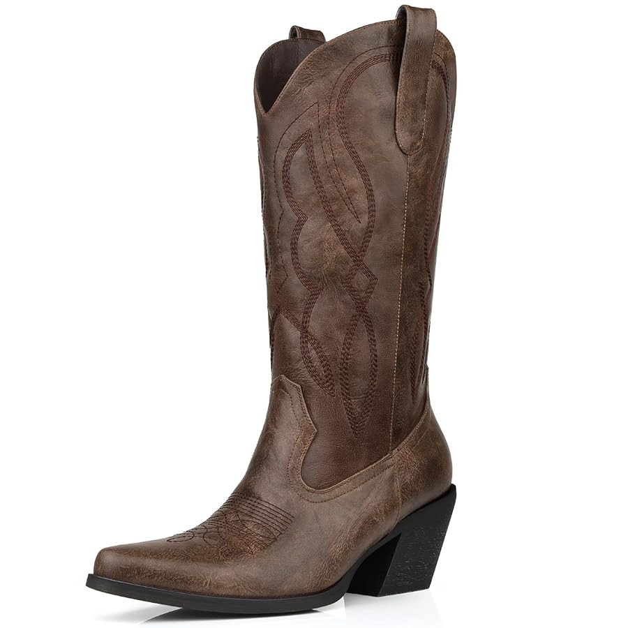 Wide Calf Cowgirl Boots Women's Pointed Toe Embroidered Cowboy Boots Lady Half Zip Mid Calf Block... | Amazon (US)
