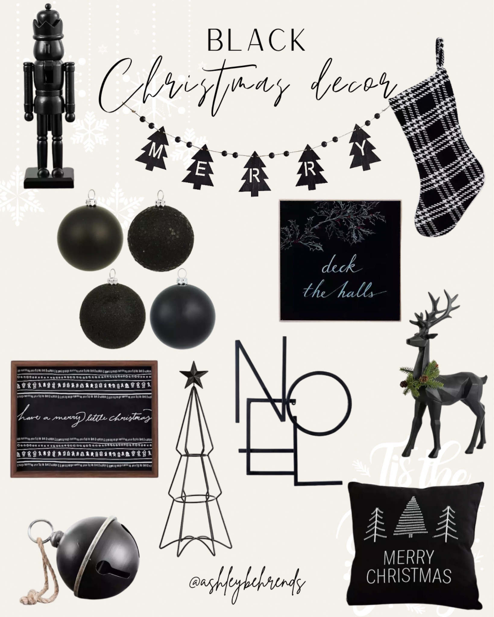 Black Christmas holiday decor 🖤✨
#christmasdecor #blackdecor #homedecor #moderndecor #holiday #christmas #stocking #ornaments #throwpillows #garland #nutcracker #noel #reindeer #figurine #geometric #metal #galvanized #plaque #checkered #jacquard 
