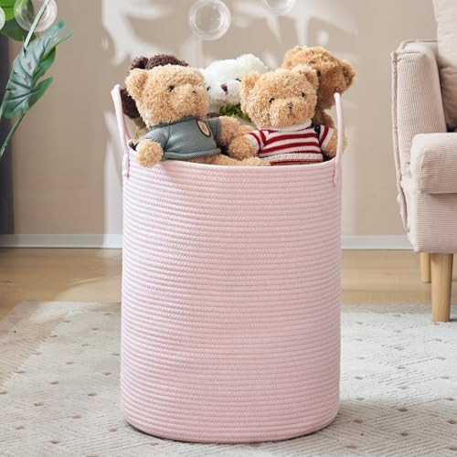 YOUDENOVA Woven Rope Laundry Hamper, 58L Tall Luandry Basket, Baby Nursery Hamper for Blanket Storage in Bedroom-Large-Pink | Amazon (US)