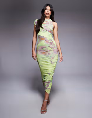 ASOS DESIGN mesh asymmetric neck off shoulder ruched midi dress in abstract floral print | ASOS | ASOS (Global)