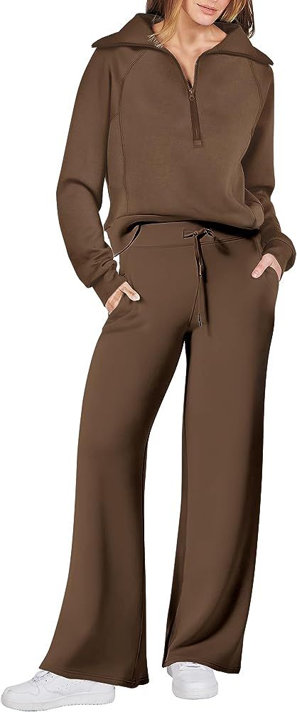 Women 2 Piece Outfits Sweatsuit Set 2023 Fall Oversized Half Zip Sweatshirt Wide Leg Sweatpant Lo... | Amazon (US)