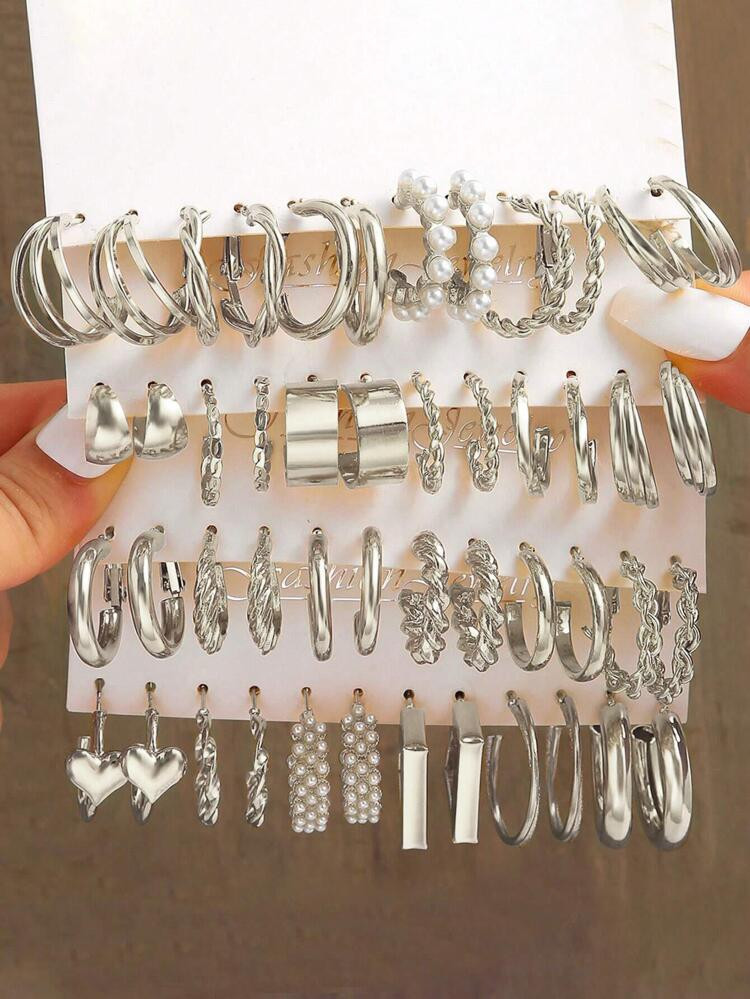 48pcs Geometric Faux Pearl Earrings Set | SHEIN