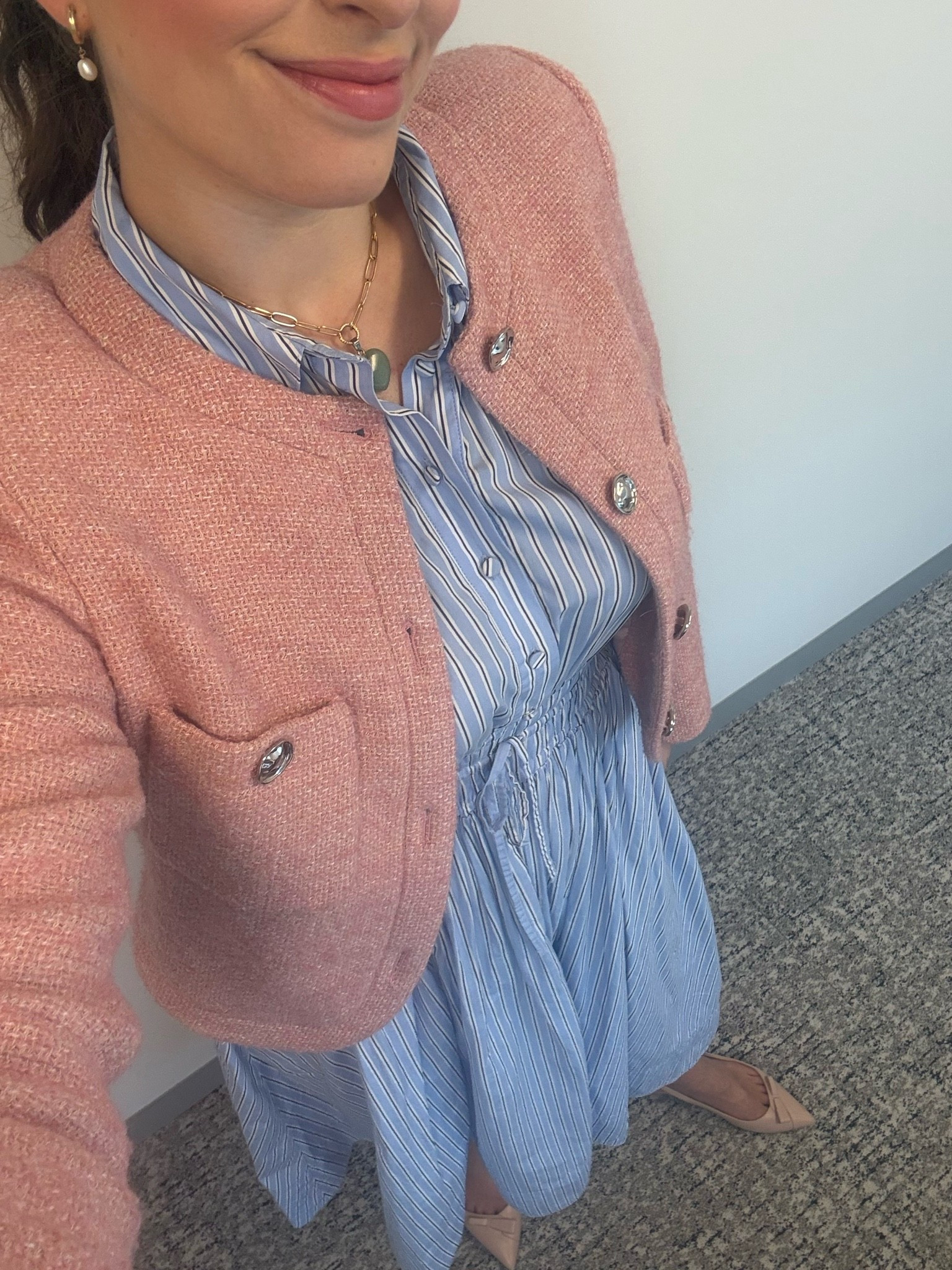 Office style, office outfit, business casual, workwear, summer workwear, shirt dress, pink tweed blazer, nude flats, nude slingbacks, summer work outfit, summer work style, pink lady jacket, pink boucle jacket

#LTKSeasonal #LTKWorkwear #LTKTall