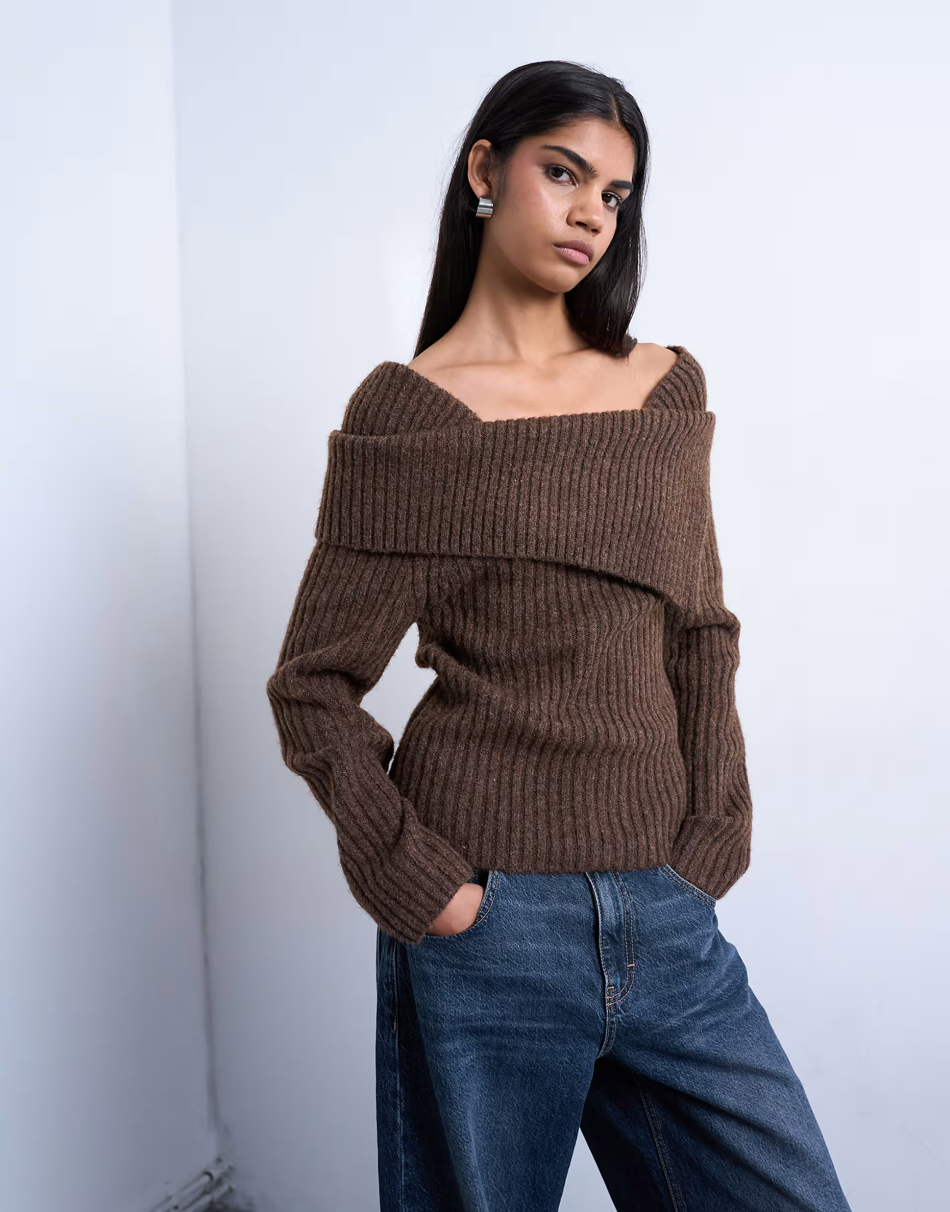 Knitted ribbed bardot in chocolate | Topshop