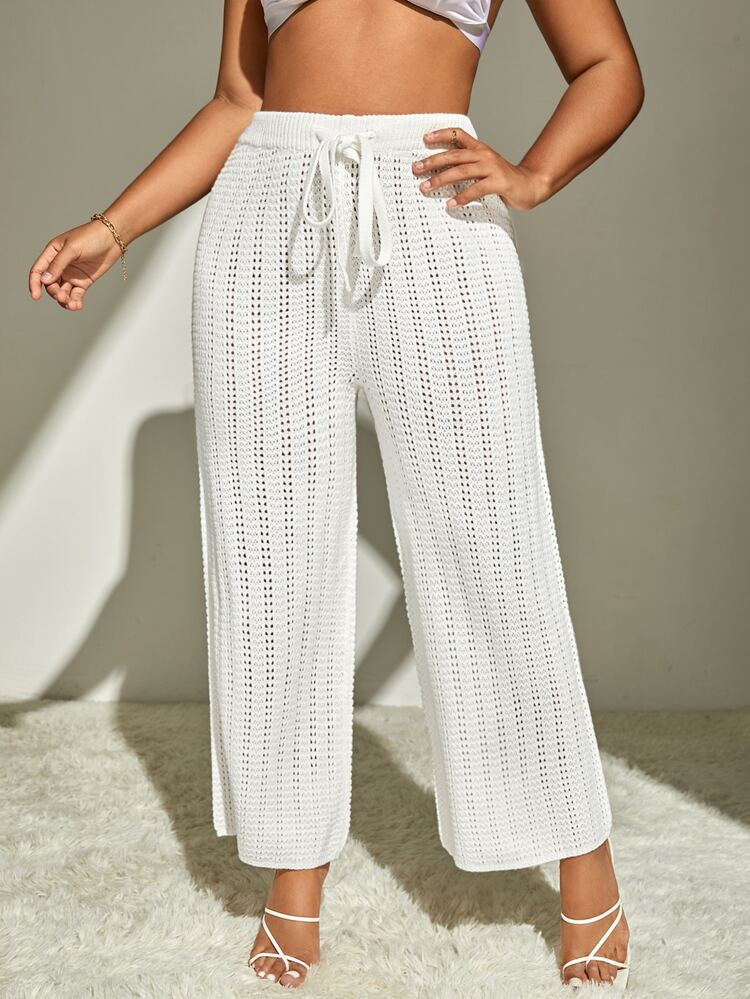 Plus Drawstring Waist Pointelle Knit Pants | SHEIN