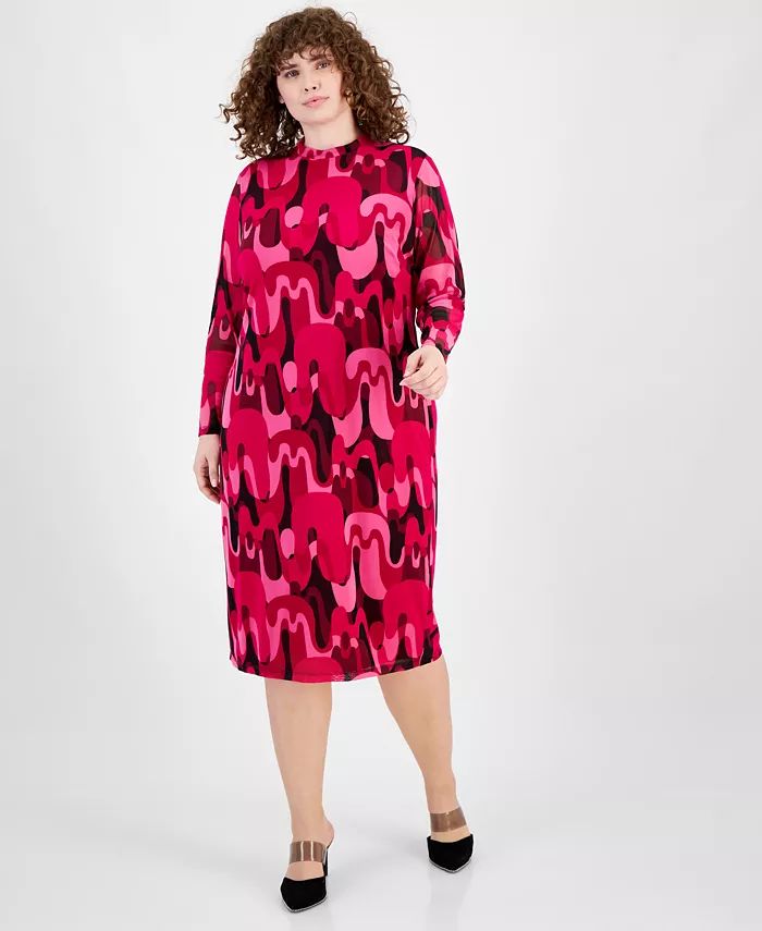 Plus Size Printed Mesh Mock Neck Midi Dress, Created for Macy's | Macy's
