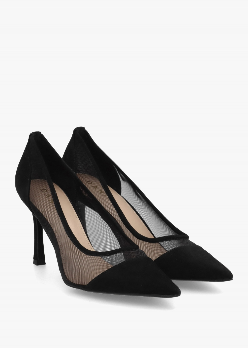 Elphaba Black Suede & Mesh Heeled Court Shoes | Daniel Footwear (UK)