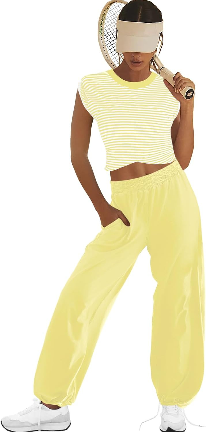 LAMISSCHE Womens Lounge Set Crop Top and Wide Leg pants Sets with Pockets | Amazon (US)