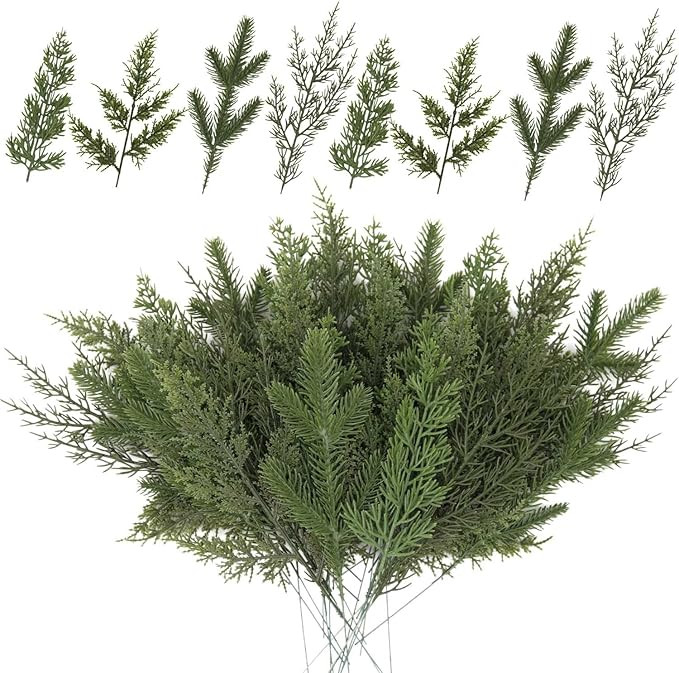 KLEWEE 60 Pcs Artificial Pine Branches Assorted Faux Norfolk Pine Stems Evergreen Pine Picks Ceda... | Amazon (US)