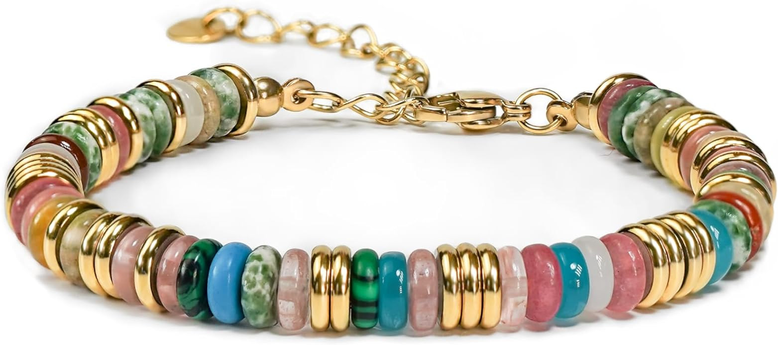 Colorful Gold Rainbow Bracelets for Women, Stack Bangle Beaded Stone Jewelry Accessories Set for ... | Amazon (US)
