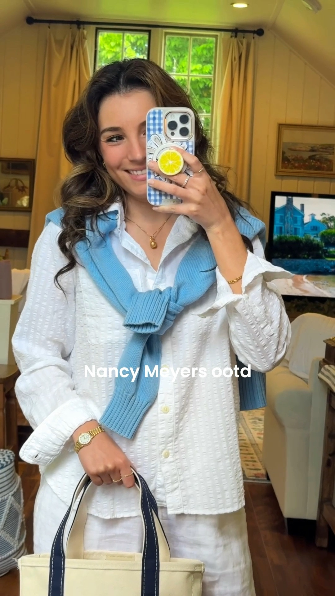 Nancy Meyer inspired coastal granddaughter outfit of the day!  🌊🥂🤍 I am 5 foot three and wearing XS in everything 🌊 @abercrombie 

summer Staples / summer outfit / summer outfit inspiration / cute summer outfit / coastal grandmother / coastal granddaughter / classic style / cute summer clothes / white linen pants / linen pants / blue sweater / white Oxford shirt / white poplin shirt / boat shoes / boat moccasins / gold watch / L.L. Bean bag / boat and tote

#LTKootd #LTKgrwm #LTKSeasonal