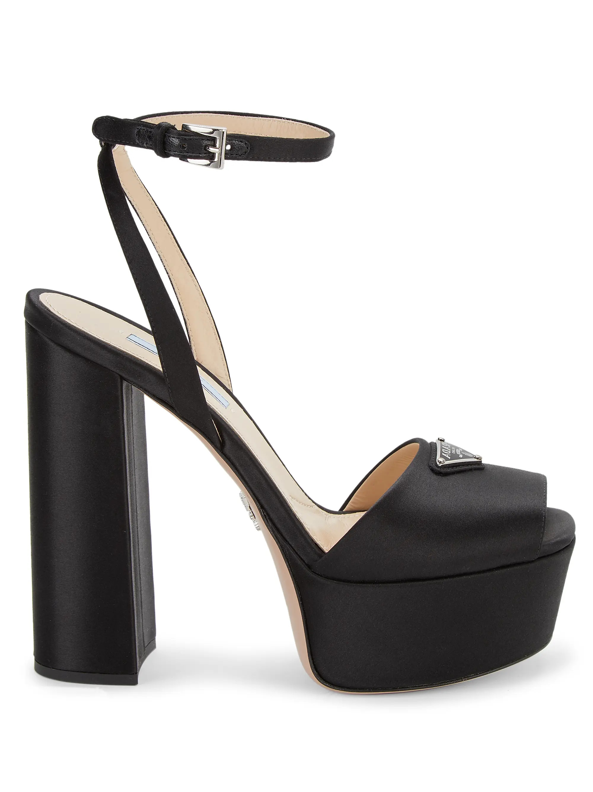 Shop Prada Logo Satin Platform Ankle-Strap Sandals | Saks Fifth Avenue | Saks Fifth Avenue