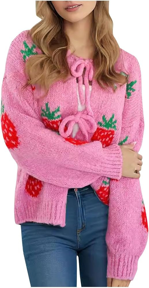 Cute Oversized Cardigan Sweater for Women Y2K Long Sleeve Crew Neck Bow Tie Front Cardigan Knitwe... | Amazon (US)