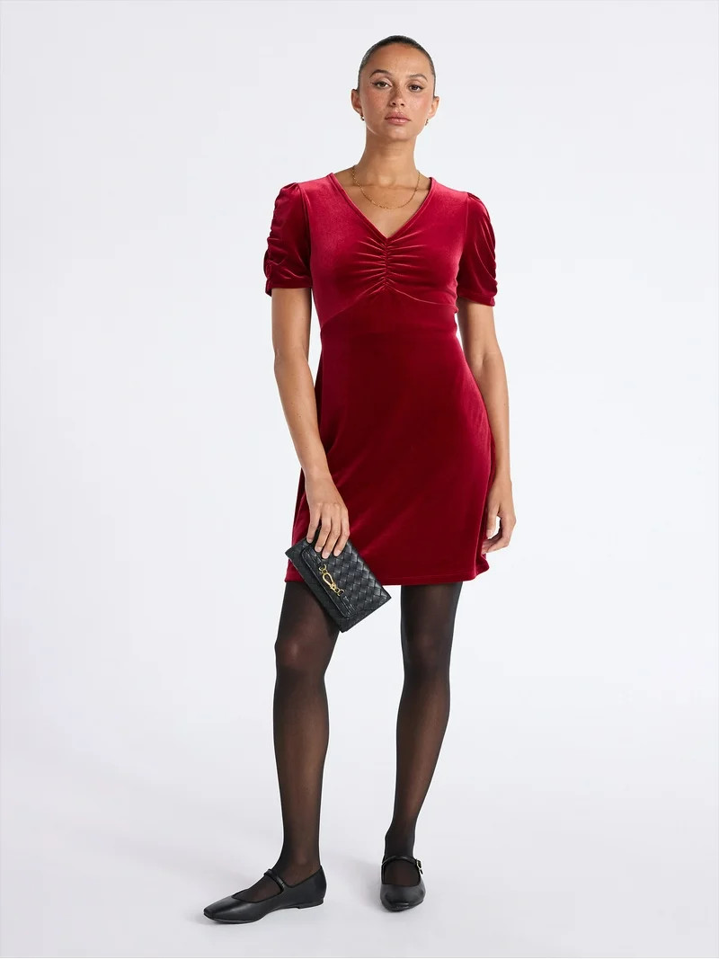 Time and Tru Women's Velvet Mini Dress with Puff Sleeves, Sizes XS-XXXL | Walmart (US)
