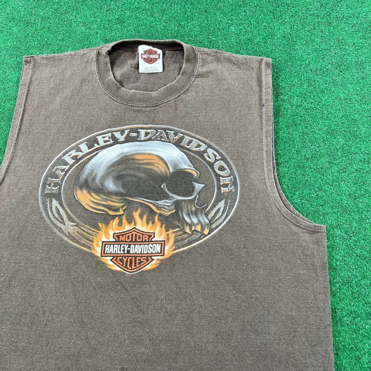 Vintage Harley Davidson Shirt Mens L Brown Tank Top Skull Flames Shield Racing | eBay US