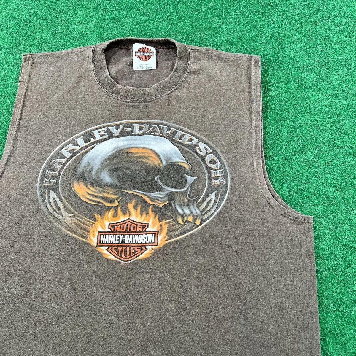 Vintage Harley Davidson Shirt Mens L Brown Tank Top Skull Flames Shield Racing | eBay US
