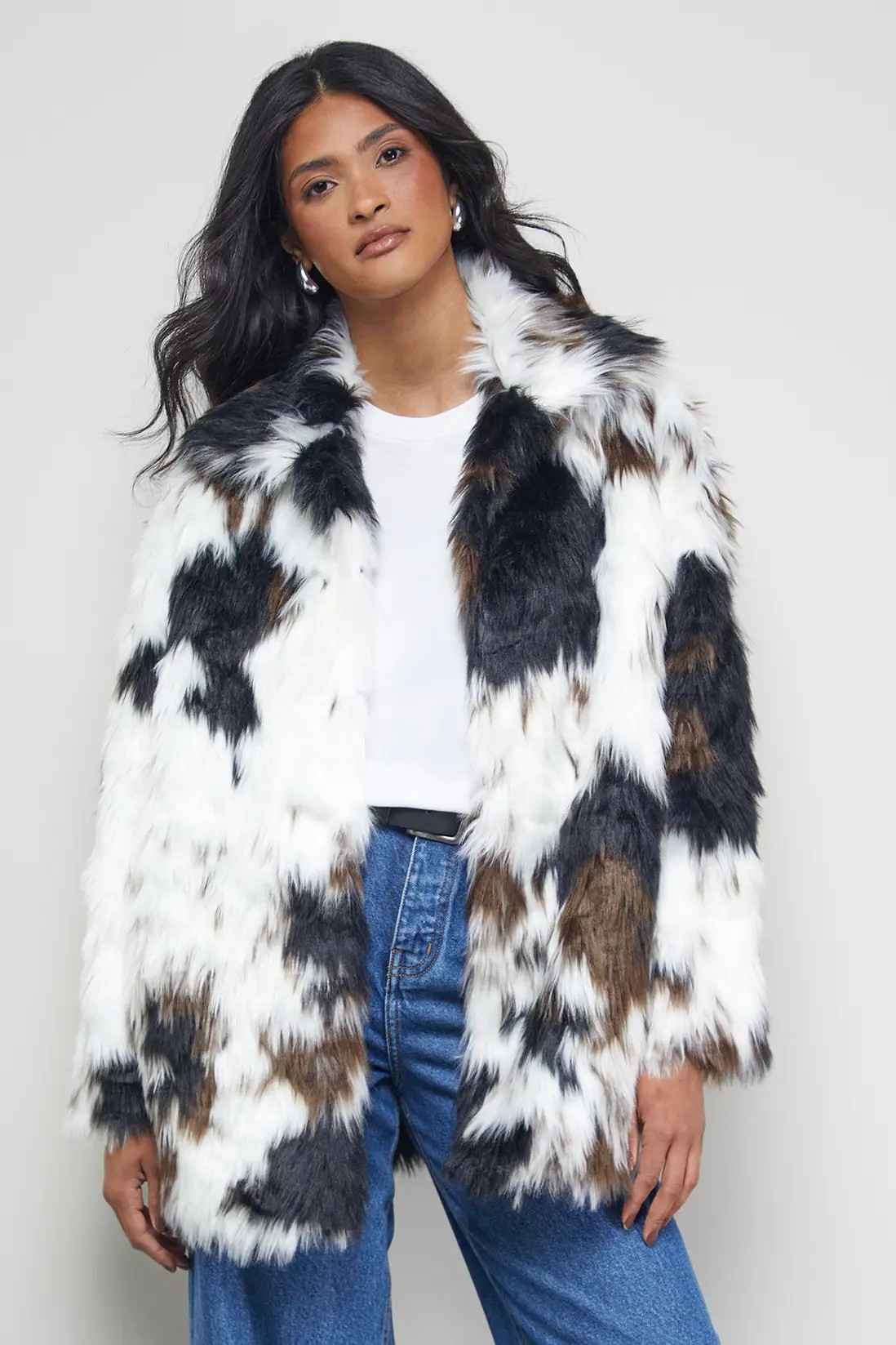 Premium Funnel Neck Mono Cow Print Faux Fur Coat | Nasty Gal US