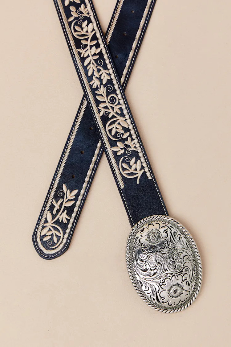 Cowgirl Favorite Navy Floral Embroidered Western Belt | Lulus