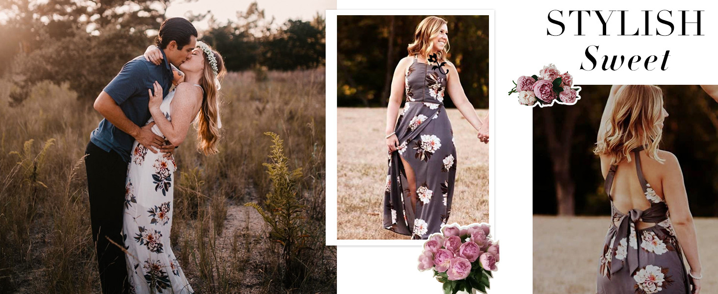 ZESICA Women's 2023 Summer Halter Neck Floral Print Backless Split Beach Party Maxi Dress | Amazon (US)