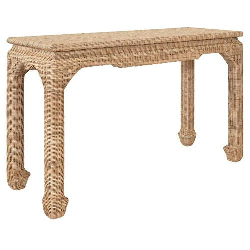 Worlds Away Fabian Coastal Beach Brown Woven Rattan Rectangular Console Table | Kathy Kuo Home