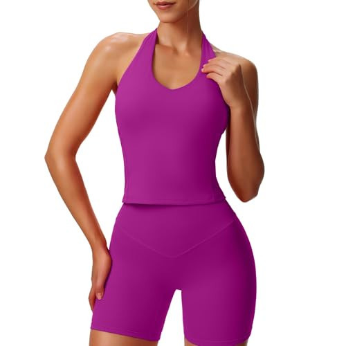 Aoxjox Women's Sleeveless Hailey Halter Tank Tops Workout Athletics Gym Yoga Curve Longline Crop Top (Purple, Medium) | Amazon (US)