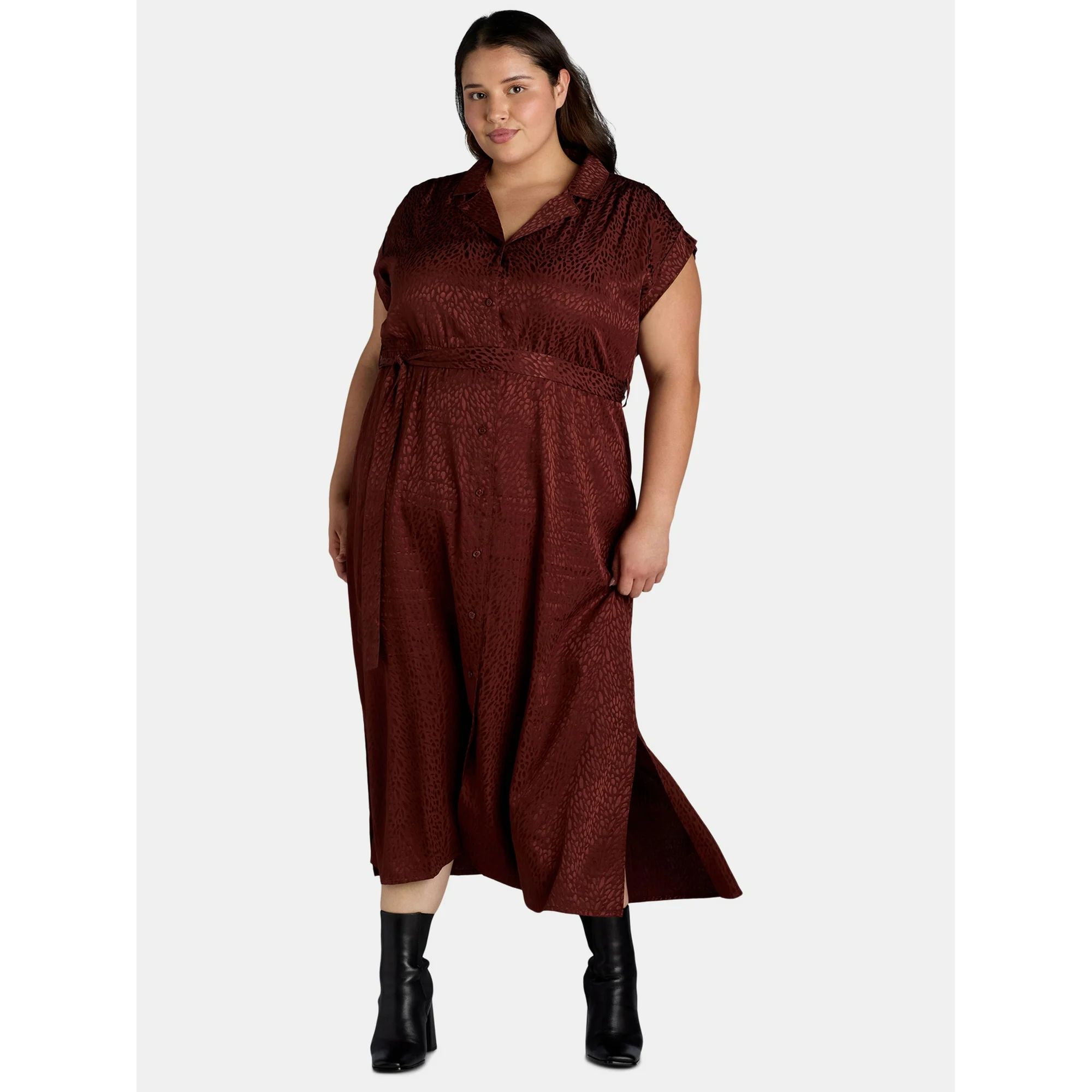 Terra & Sky Black Label Women's Plus Size Sleeveless Midi Shirt Dress with Rolled Cuffs, 0X-4X | Walmart (US)