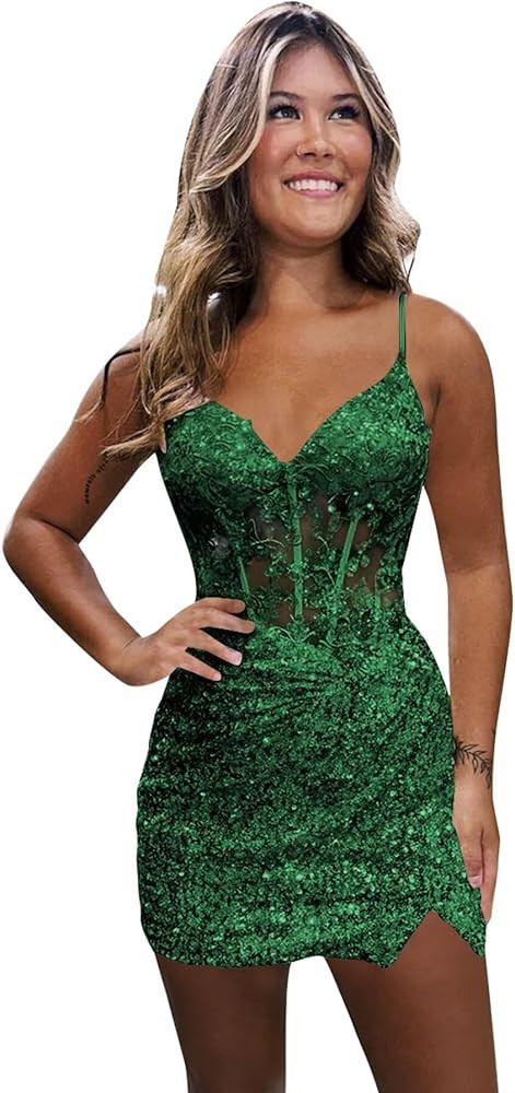 Monvelli Appliques Sparkly Sequin Homecoming Dresses 2024 for Teens Short Bodycon Prom Cocktail P... | Amazon (US)