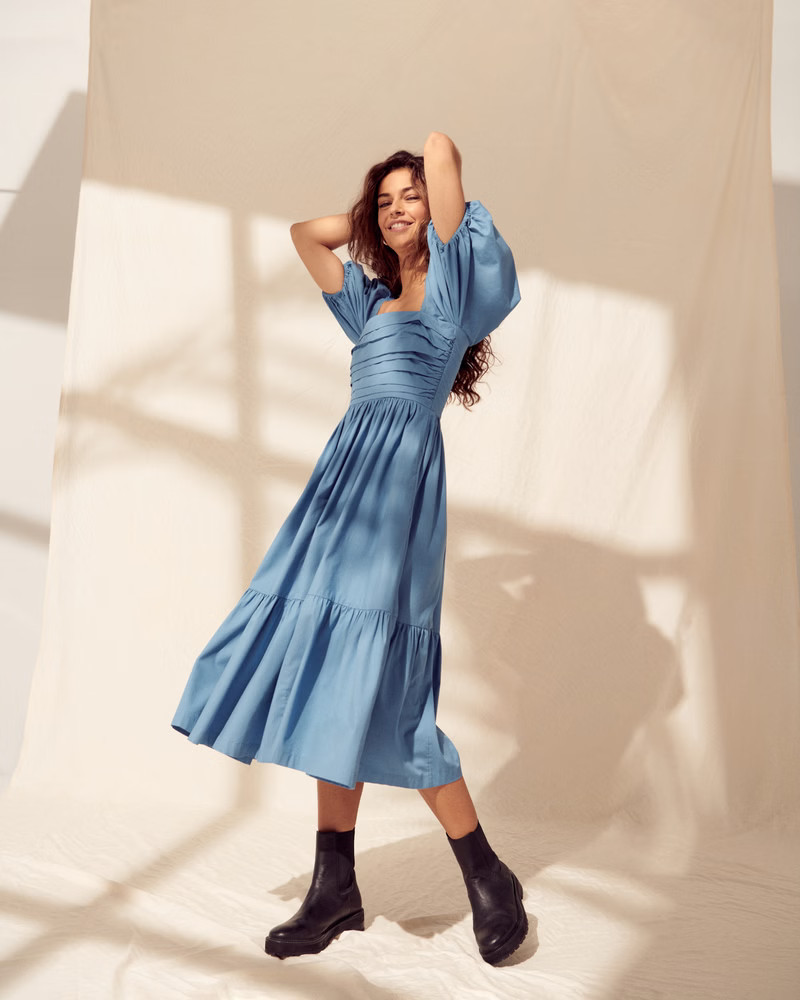 Ruched Puff Sleeve Poplin Midi Dress | Abercrombie & Fitch (US)