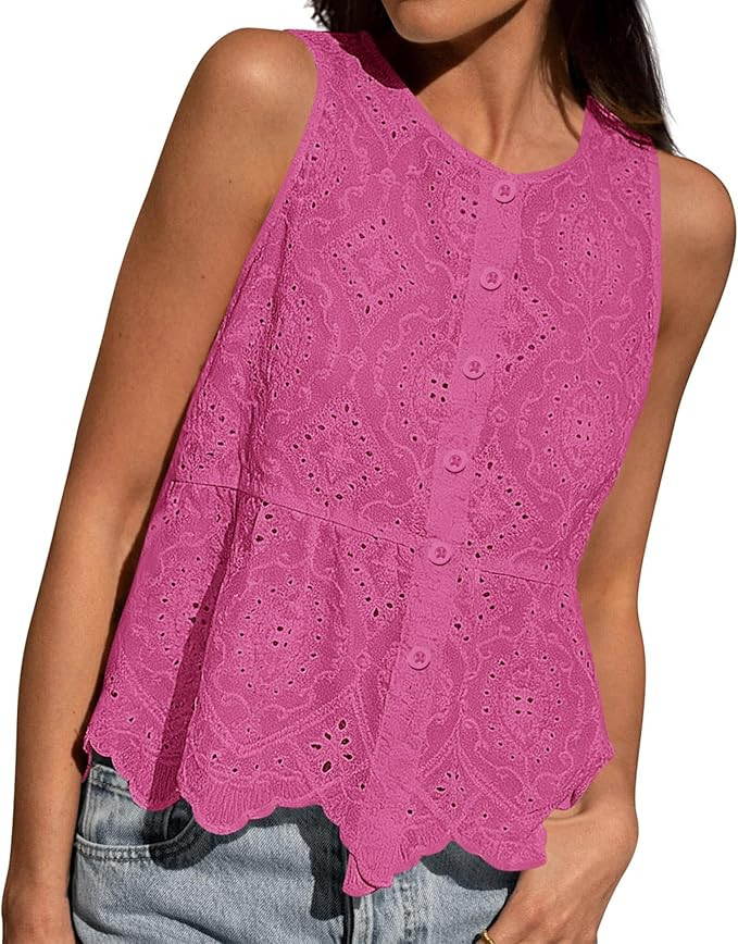 BTFBM Womens Tank Tops 2026 Summer Casual Sleeveless Button Down Shirts Embroidered Eyelet Blouse... | Amazon (US)