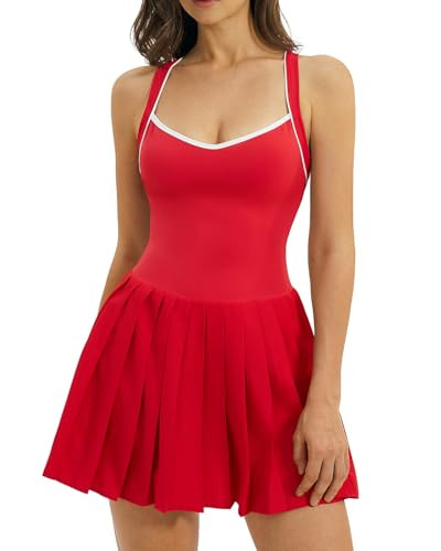 QINSEN Womens V Neck Pleated Tennis Dresses Built in Shorts Cross Back Sleeveless Athletic Dress ... | Amazon (US)