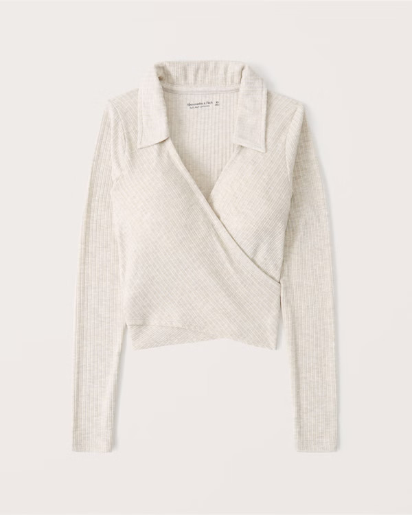 Long-Sleeve Ribbed Polo Wrap Top | Abercrombie & Fitch (US)