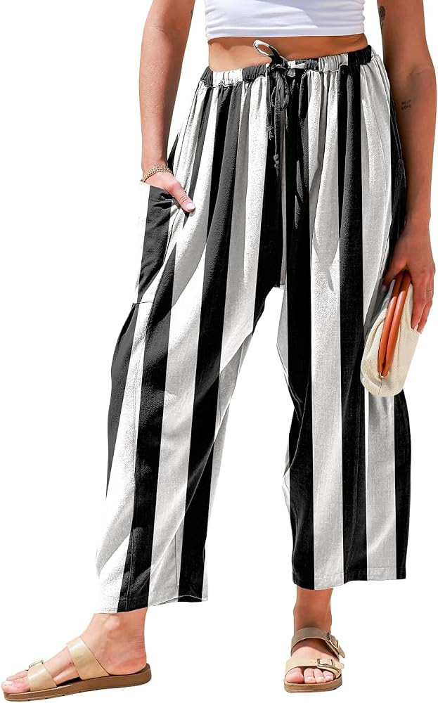 TARSE Womens Wide Leg Striped Linen Pants with Pocket | Amazon (US)
