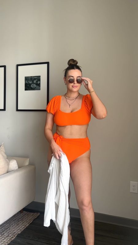 Orange two piece high waist swimsuit 🧡✨🫶🏼🍑 wearing XL in suit & coverup! 

#LTKswim #LTKtravel #LTKunder50