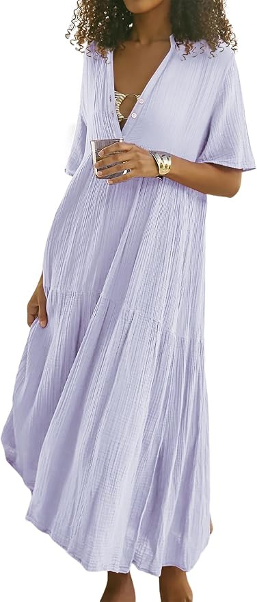 R.Vivimos Womens Summer Cotton Flowy Maxi Dress Short Sleeve V Neck Empire Waist Boho Tiered Ruff... | Amazon (US)
