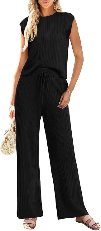 Imily Bela Womens 2 Piece Outfits Sleeveless Ribbed Knit Tops Wide Leg Pants Summer Vacation Swea... | Amazon (US)